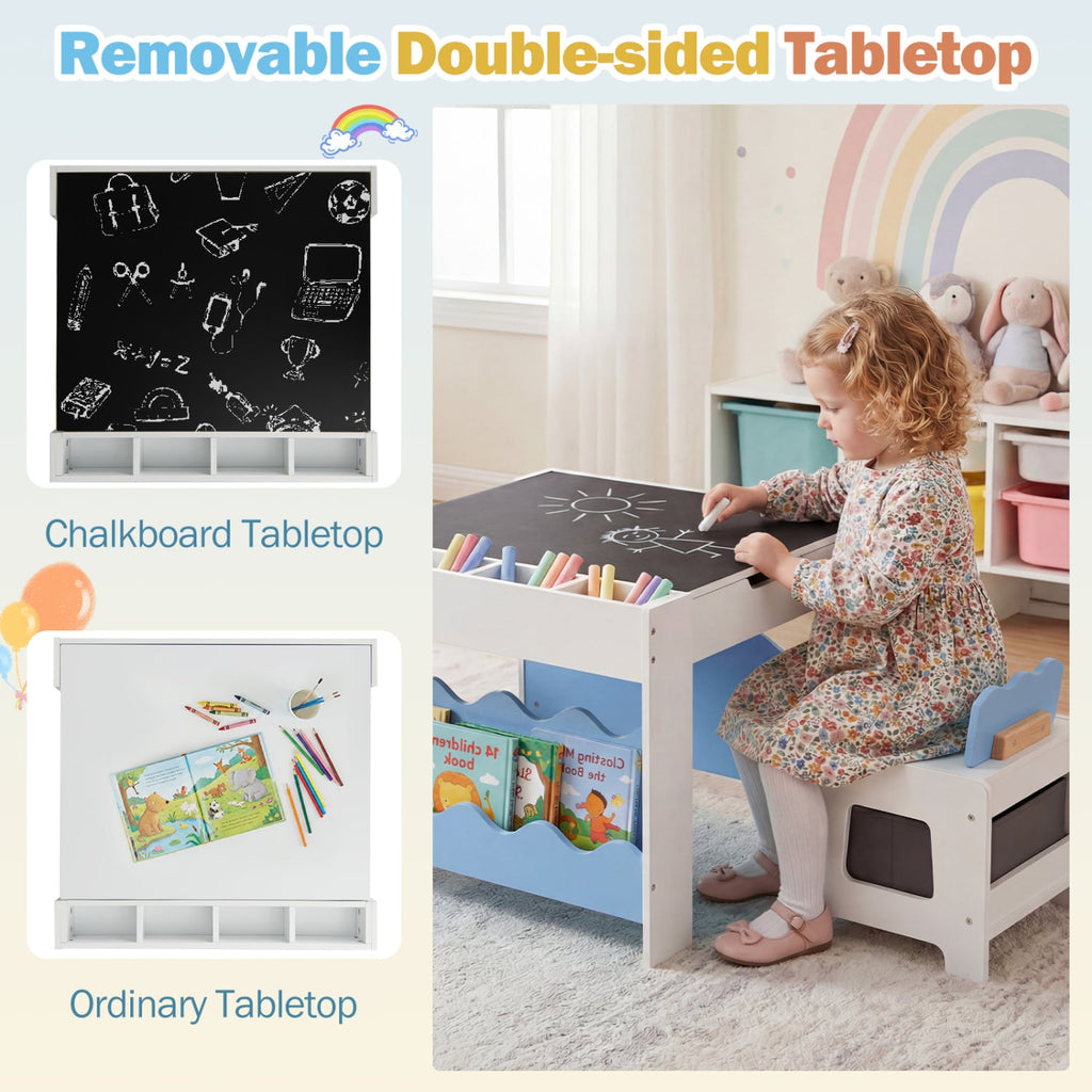 Multi-purpose Activity Kids Table and Chairs Set with Double-sided Tabletop-Blue