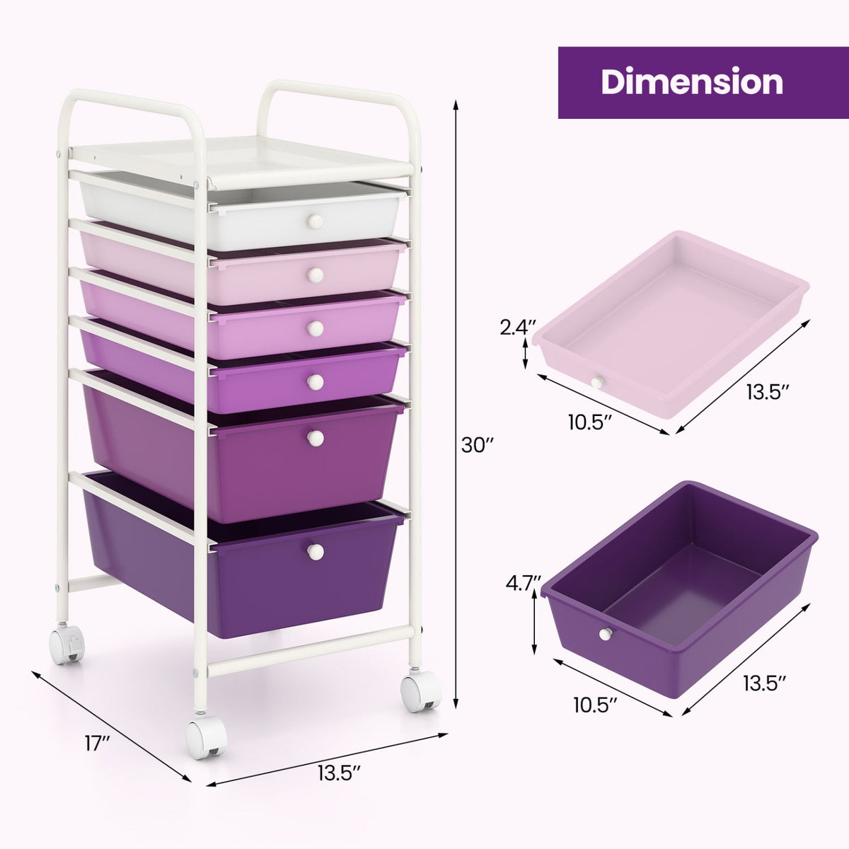 Multifunctional 6 Drawers Rolling Storage Cart Organizer-Purple Gradient