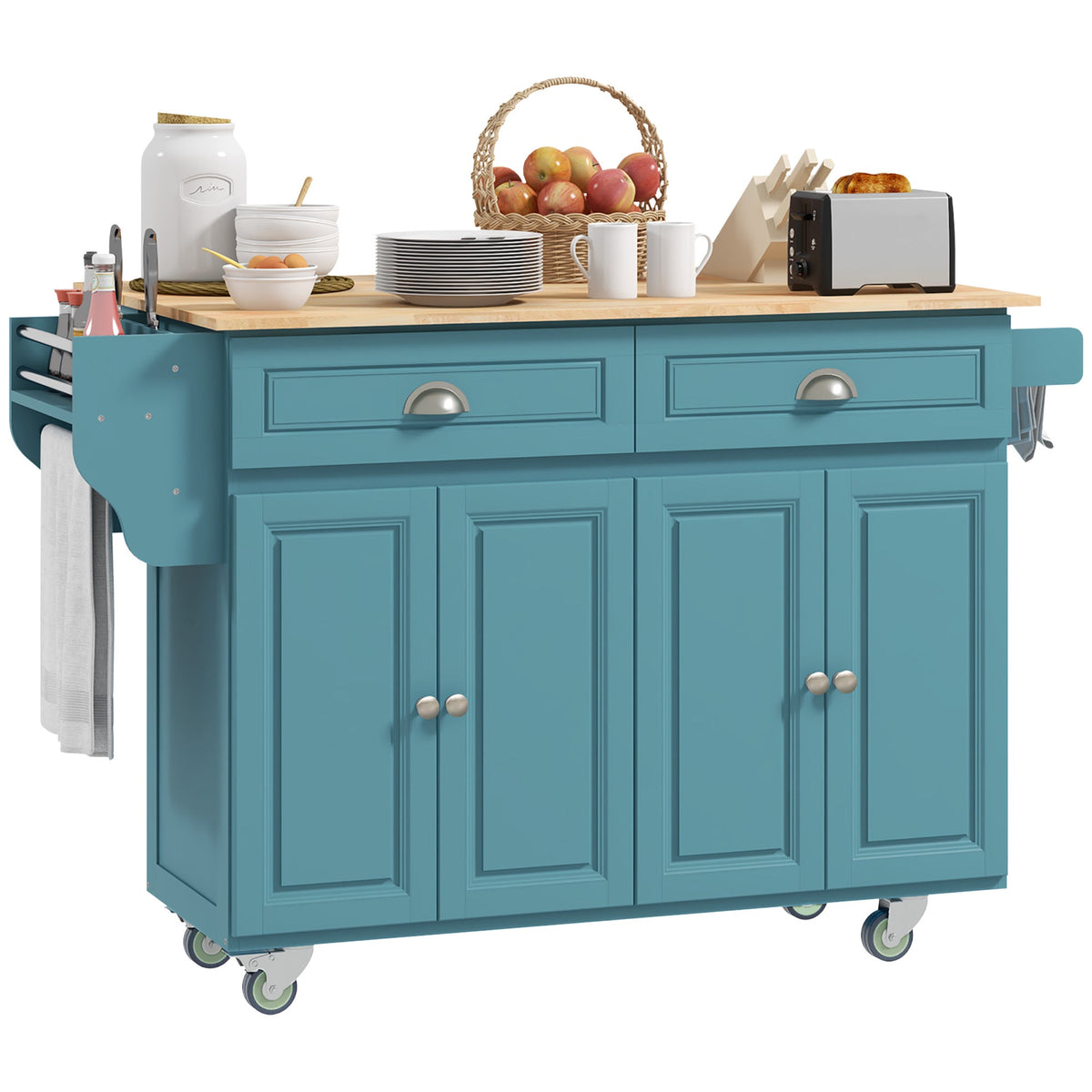 Kitchen Island with Storage, Rolling Kitchen Island with Drop Leaf, Rubber Wood Top and Adjustable Shelves, Light Blue