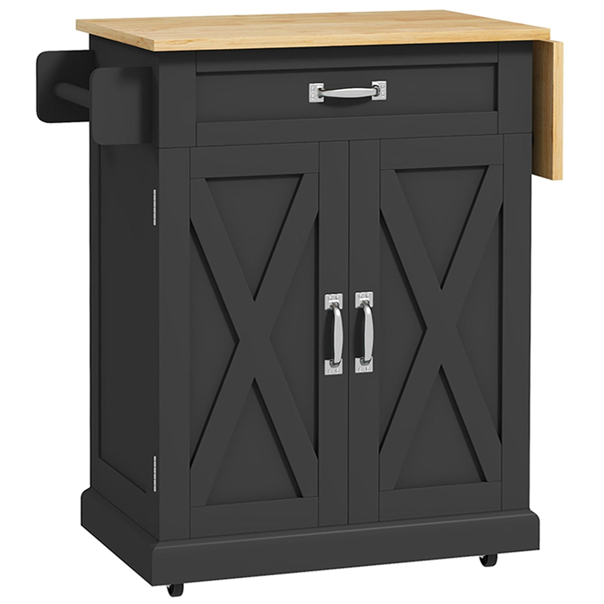 Foldable Kitchen Island with Storage Drawer, Farmhouse Rolling Utility Cart on Wheels with Drop-Leaf Wood Top, Black