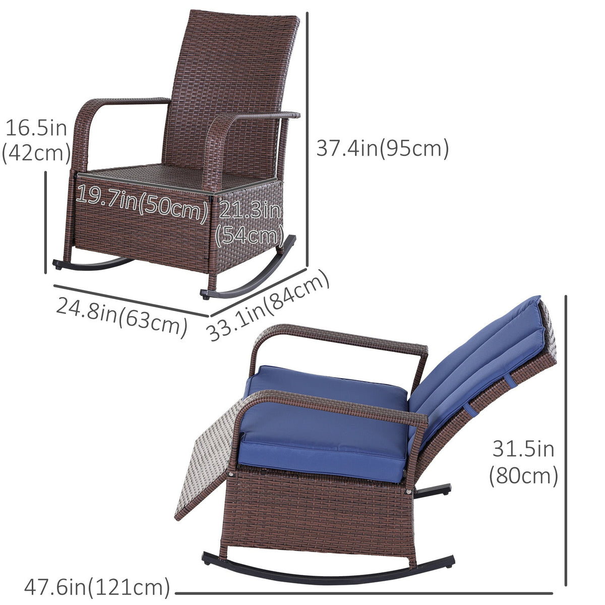 Outdoor Wicker Rocking Chair with Cushion, Patio PE Rattan Recliner Chair with Adjustable Footrest, Armrests, Dark Blue