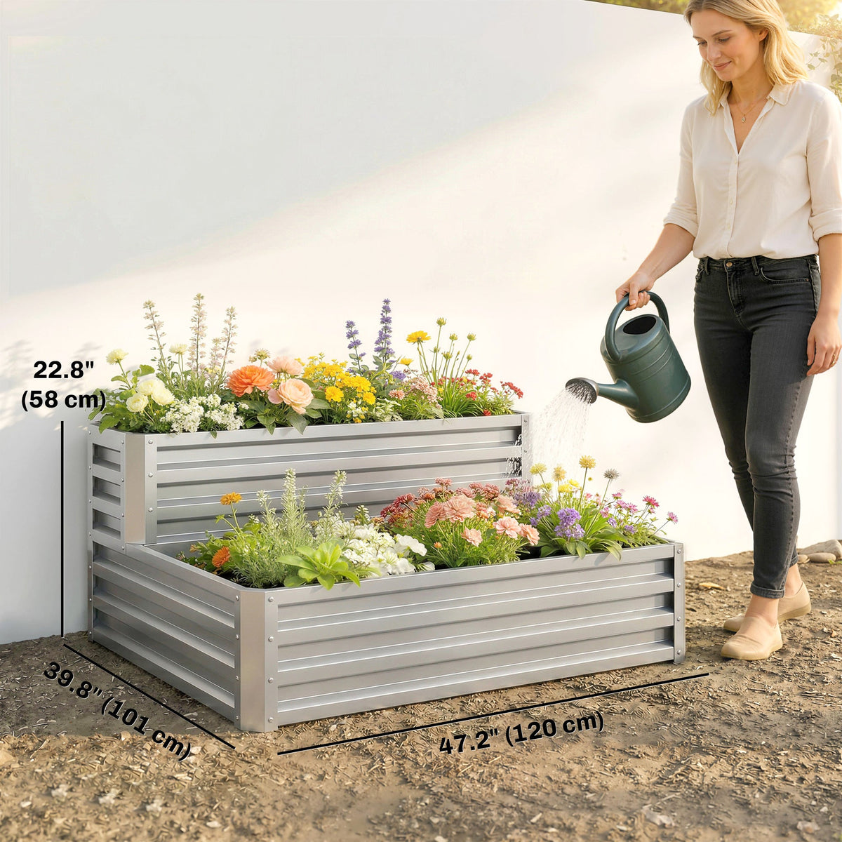 2 Tier Raised Garden Bed, 47" x 40" x 23" Galvanized Steel Planter Box for Vegetables, Flowers, and Herbs, Dark Grey