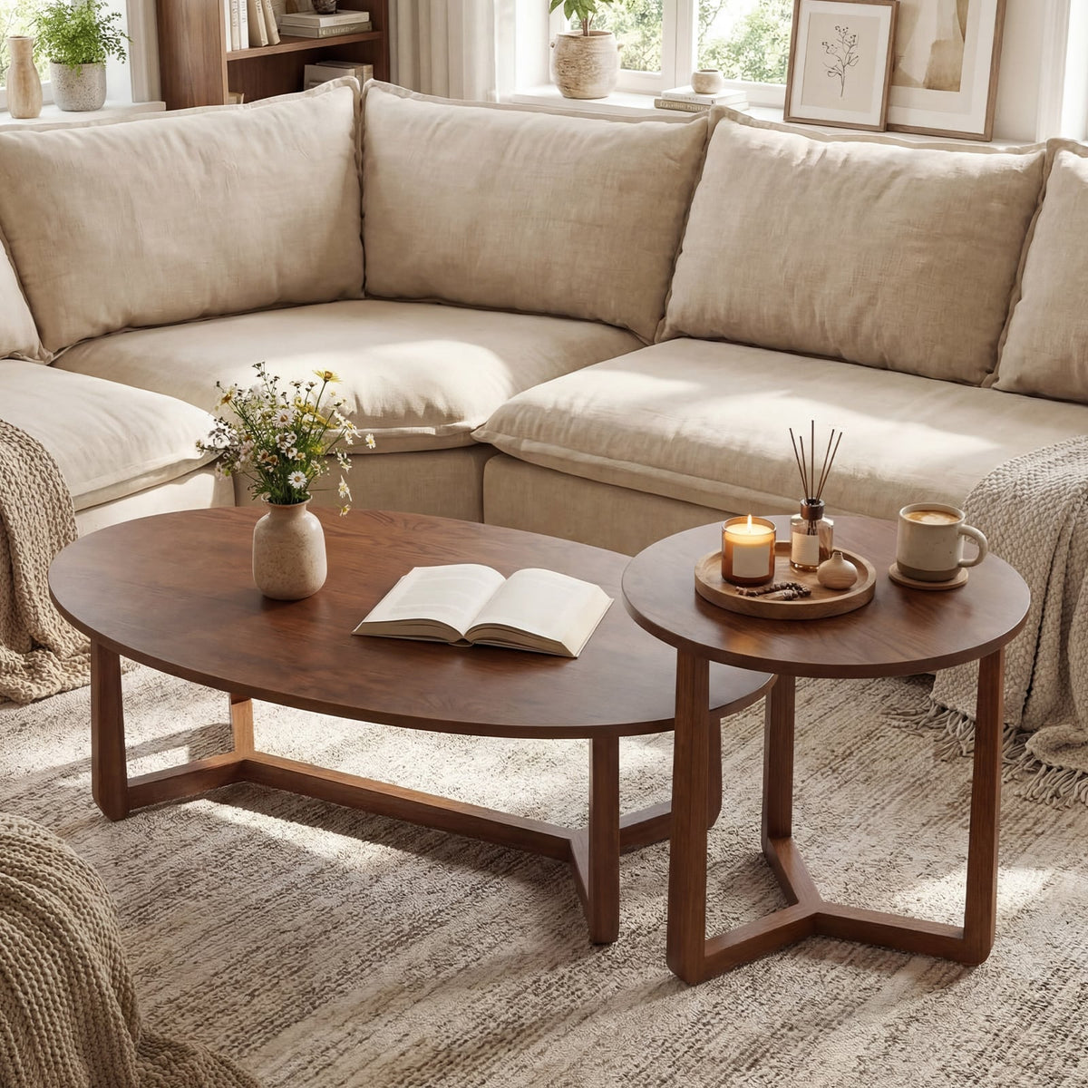 Nesting Coffee Table Set of 2 with Wood Veneered Top and Solid Rubber Wood Legs-Walnut