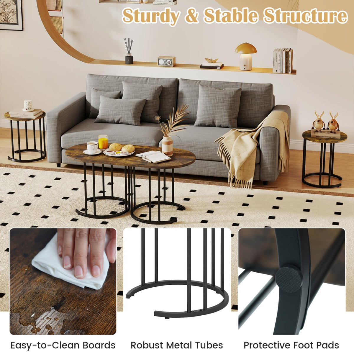 Nesting Coffee Table Set of 3 with Faux Marble Tabletop and Powder-coated Gold Metal Frame-Rustic Brown