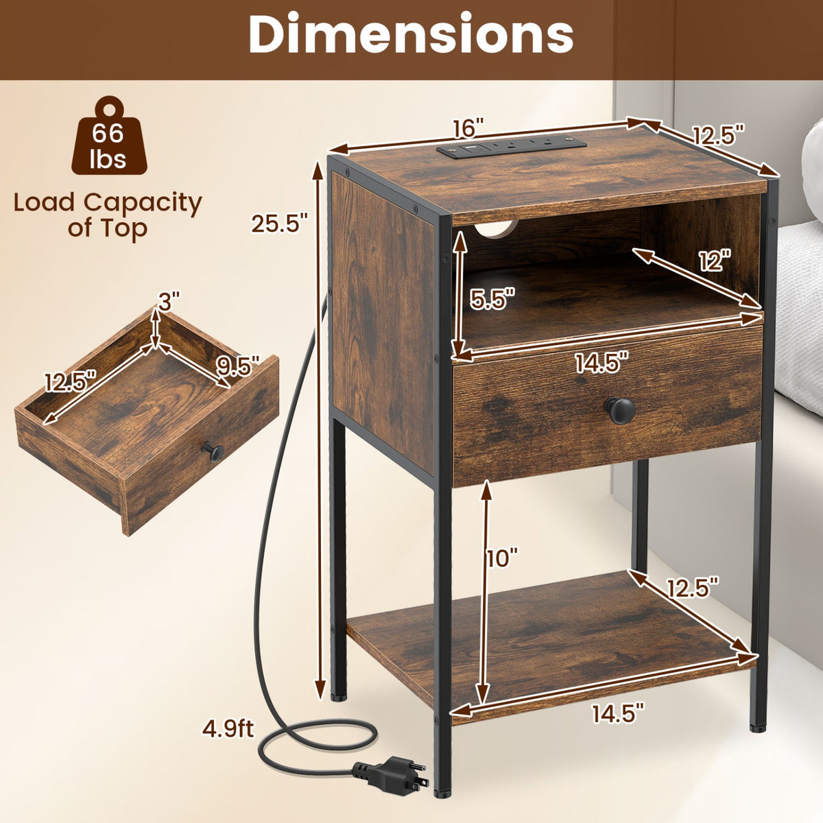 Nightstand with Charging Station Bedside Table with USB Ports and Outlets-Rustic Brown