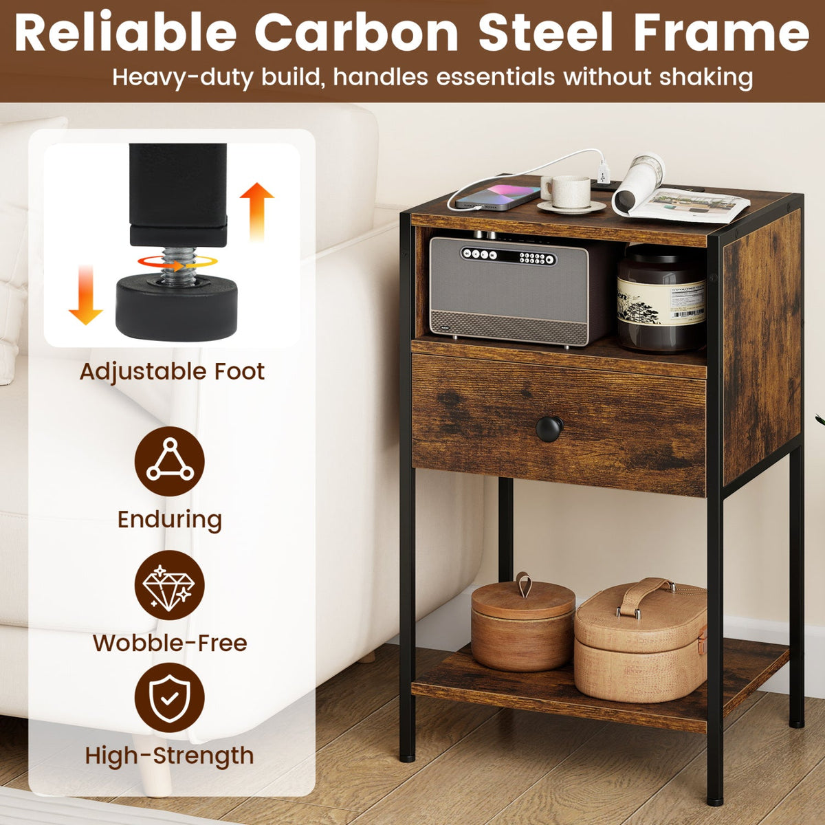 Nightstand with Charging Station Bedside Table with USB Ports and Outlets-Rustic Brown