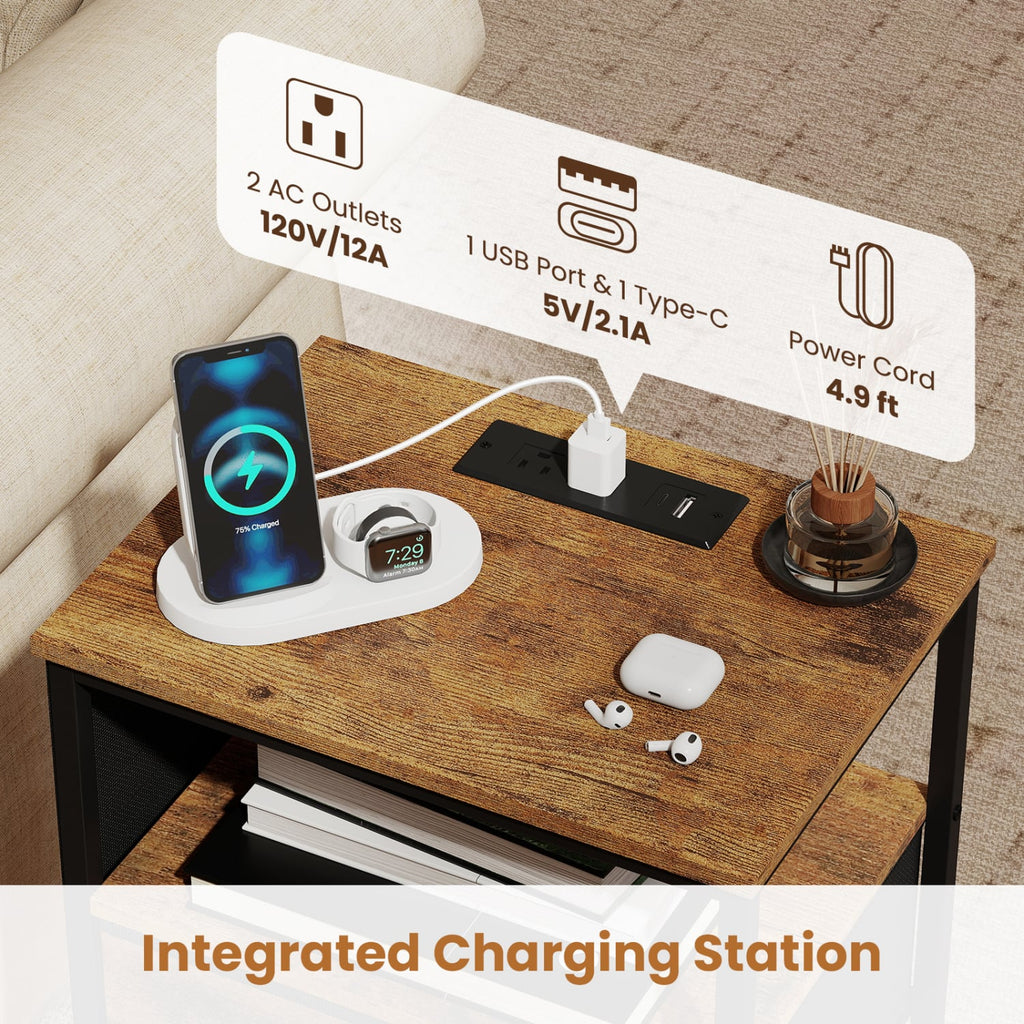 Nightstand with Charging Station 27.5 inch Modern Bedside Table with 3 Fabric Drawers-Rustic Brown
