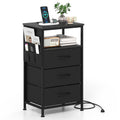 Nightstand with Charging Station 27.5 inch Modern Bedside Table with 3 Fabric Drawers-Black