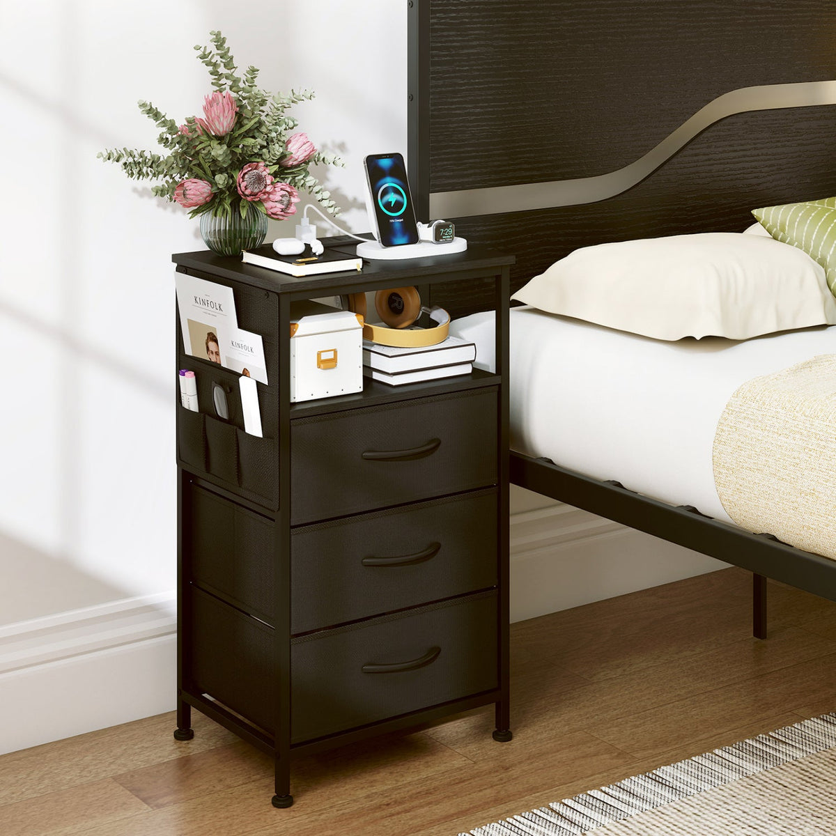 Nightstand with Charging Station 27.5 inch Modern Bedside Table with 3 Fabric Drawers-Black