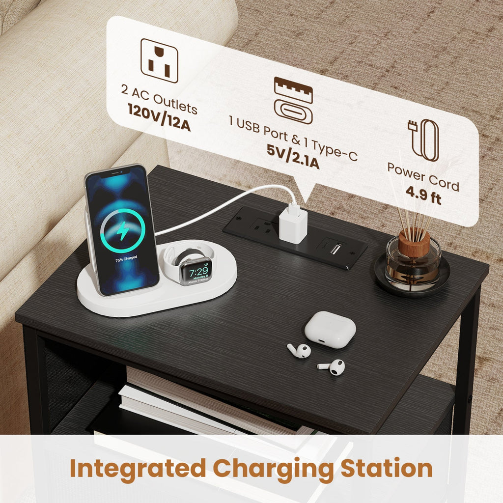 Nightstand with Charging Station 27.5 inch Modern Bedside Table with 3 Fabric Drawers-Black