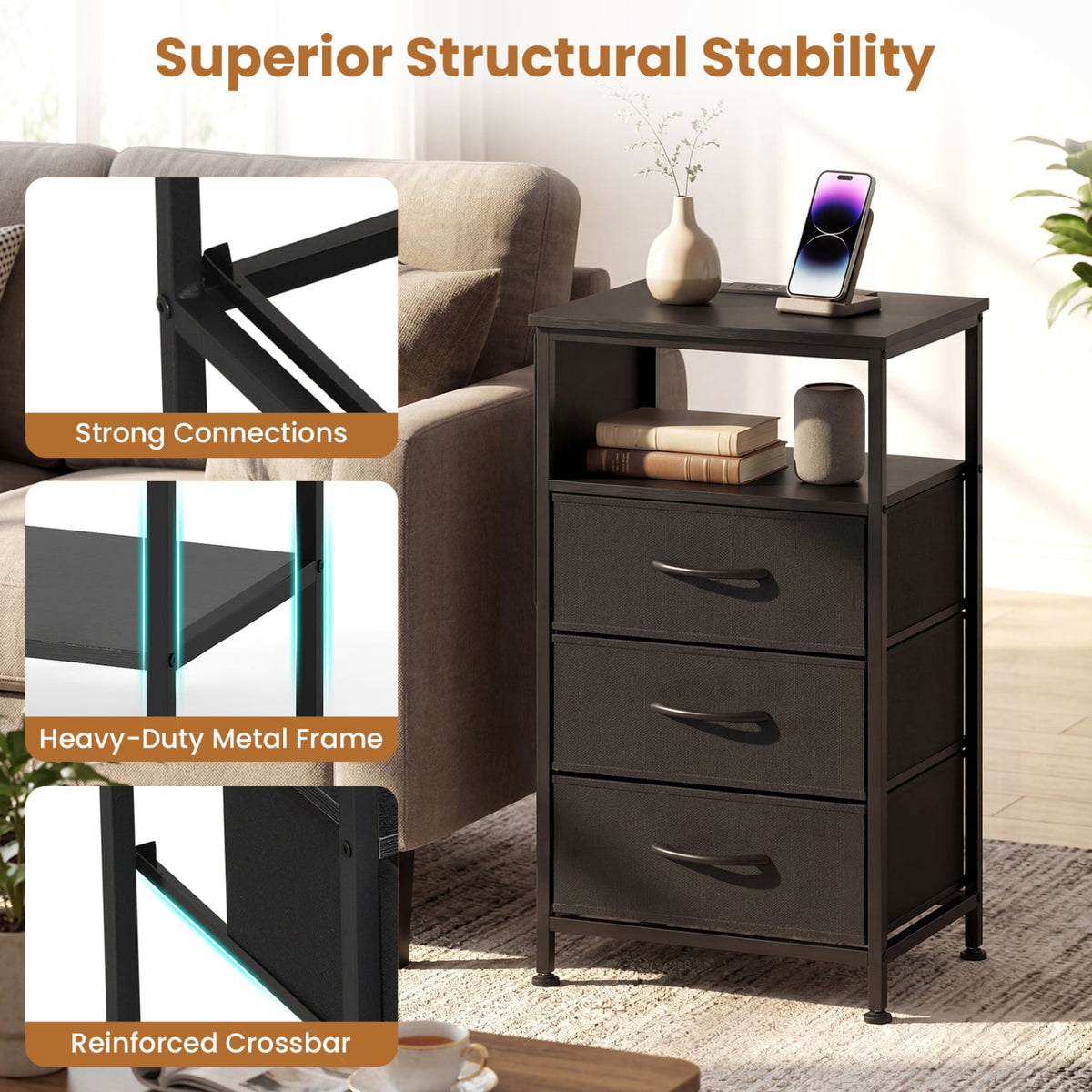 Nightstand with Charging Station 27.5 inch Modern Bedside Table with 3 Fabric Drawers-Black