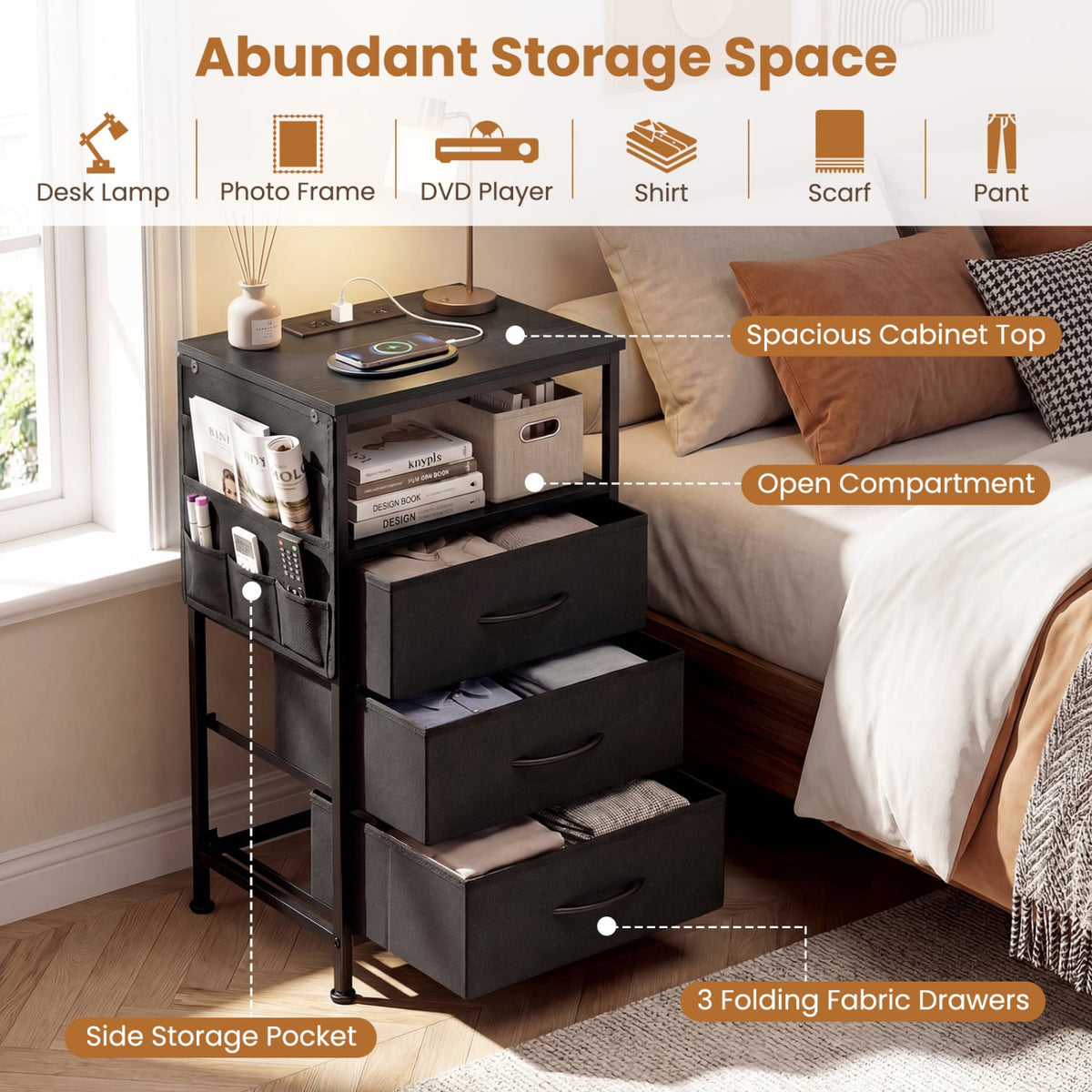 Nightstand with Charging Station 27.5 inch Modern Bedside Table with 3 Fabric Drawers-Black