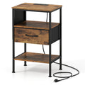 Nightstand with Charging Station 24.5 inch Modern Bedside Table with Fabric Drawer-Rustic Brown