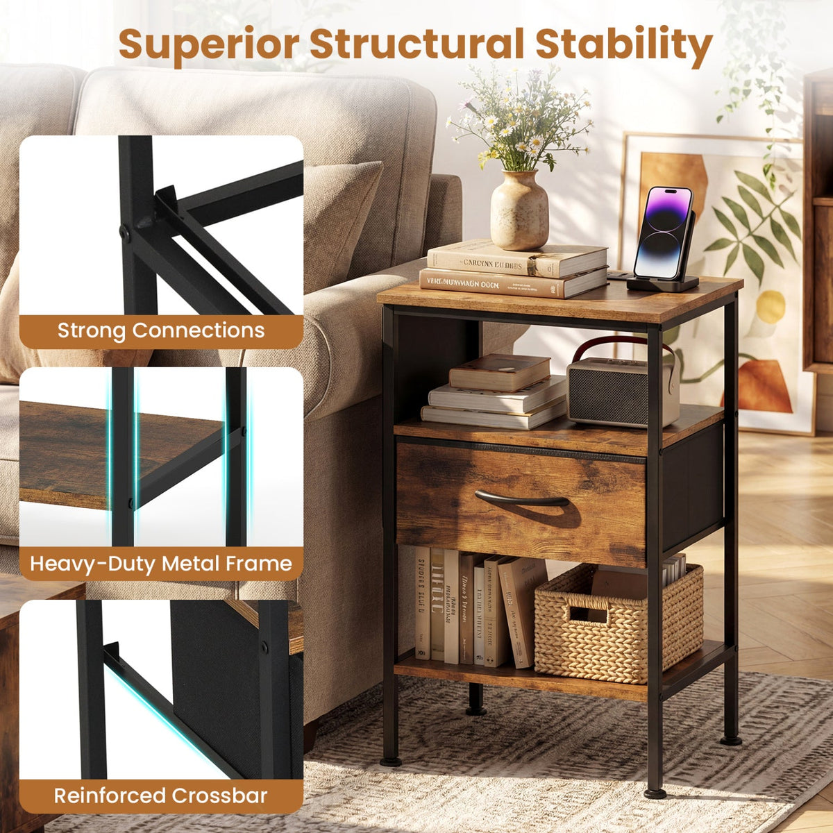 Nightstand with Charging Station 24.5 inch Modern Bedside Table with Fabric Drawer-Rustic Brown