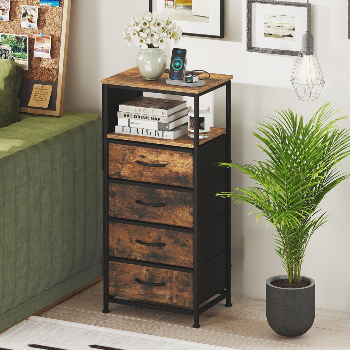Nightstand with Integrated Charging Station 34 inches Modern Bedside Table-Rustic Brown