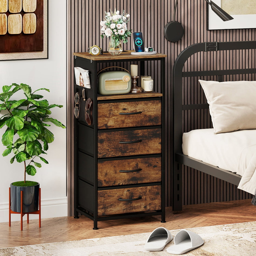 Nightstand with Integrated Charging Station 34 inches Modern Bedside Table-Rustic Brown
