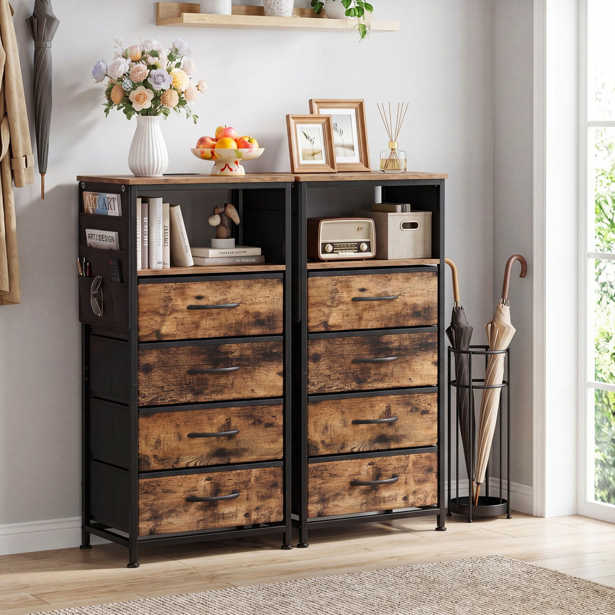 Nightstand with Integrated Charging Station 34 inches Modern Bedside Table-Rustic Brown