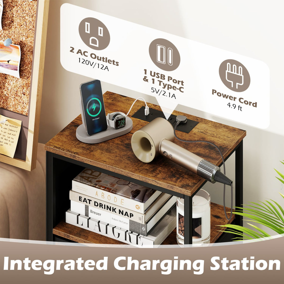 Nightstand with Integrated Charging Station 34 inches Modern Bedside Table-Rustic Brown