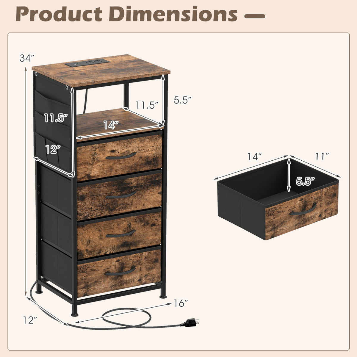 Nightstand with Integrated Charging Station 34 inches Modern Bedside Table-Rustic Brown