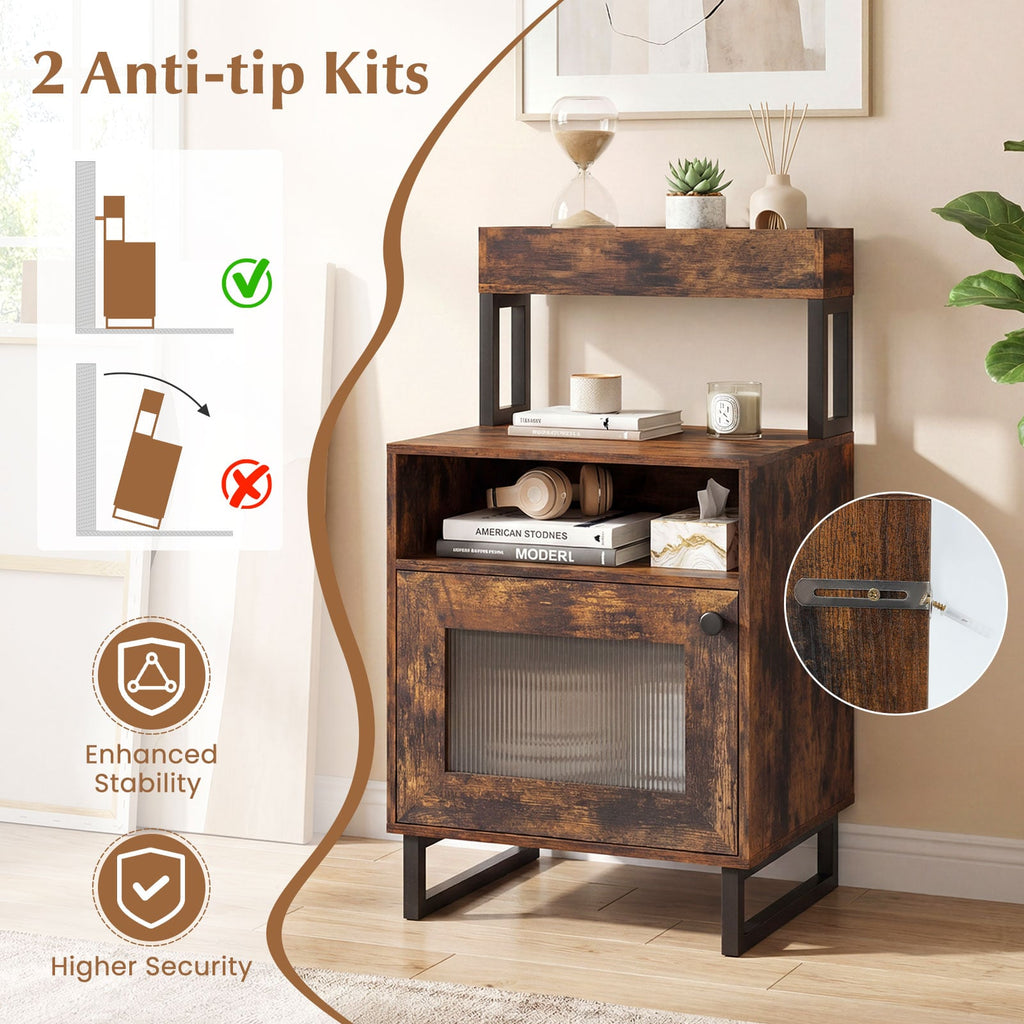 Nightstand with LED Lights Modern End Table with Top Tray Open Compartment and Storage Cabinet-Rustic Brown