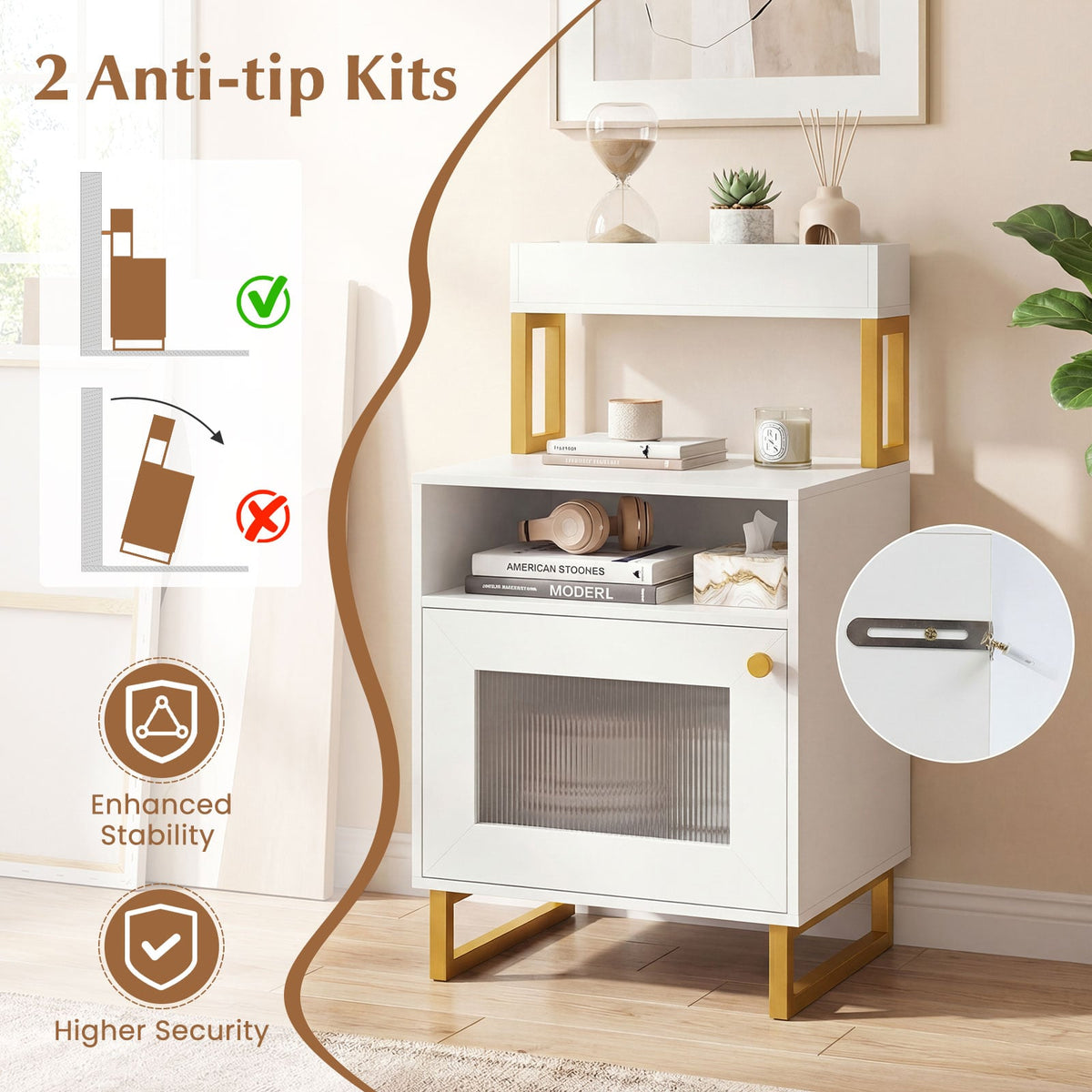 Nightstand with LED Lights Modern End Table with Top Tray Open Compartment and Storage Cabinet-White