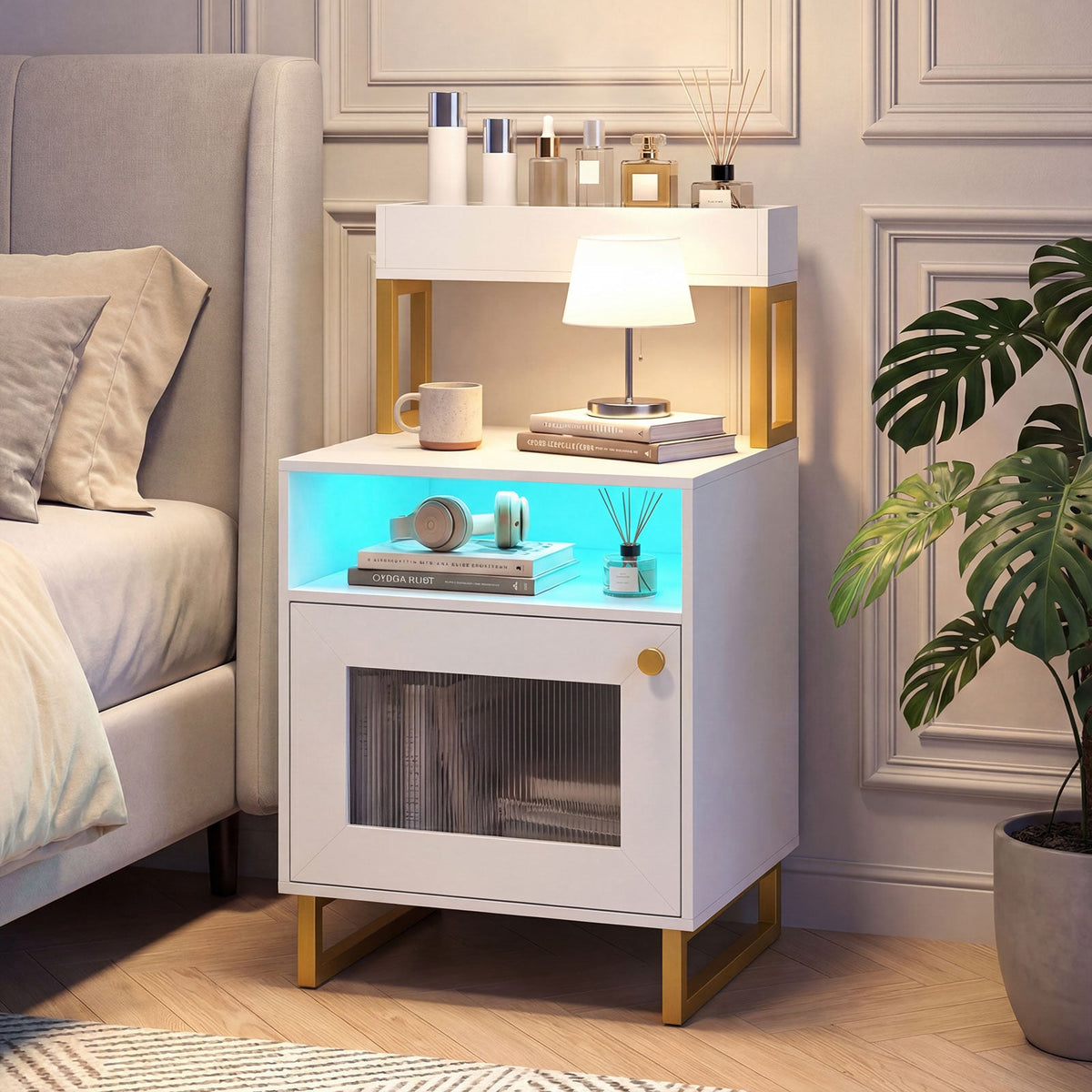 Nightstand with LED Lights Modern End Table with Top Tray Open Compartment and Storage Cabinet-White