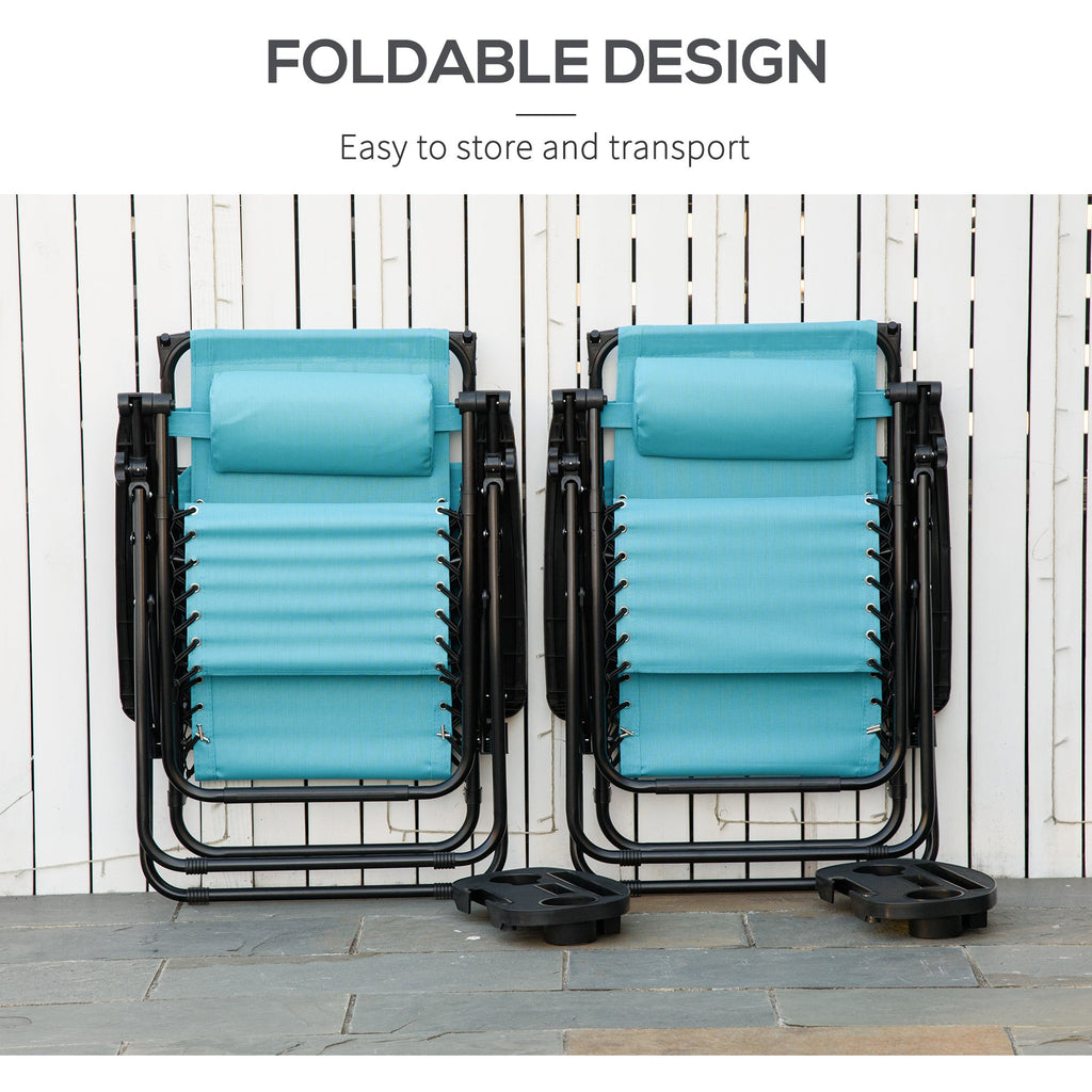 2 Piece Foldable Lounge Chair with Canopy Shade, Outdoor Zero Gravity Chair w/ Side Tray & Cup Holder, Reclining Lounger w/ Breathable Mesh Fabric Seat, Pillow, Sky Blue