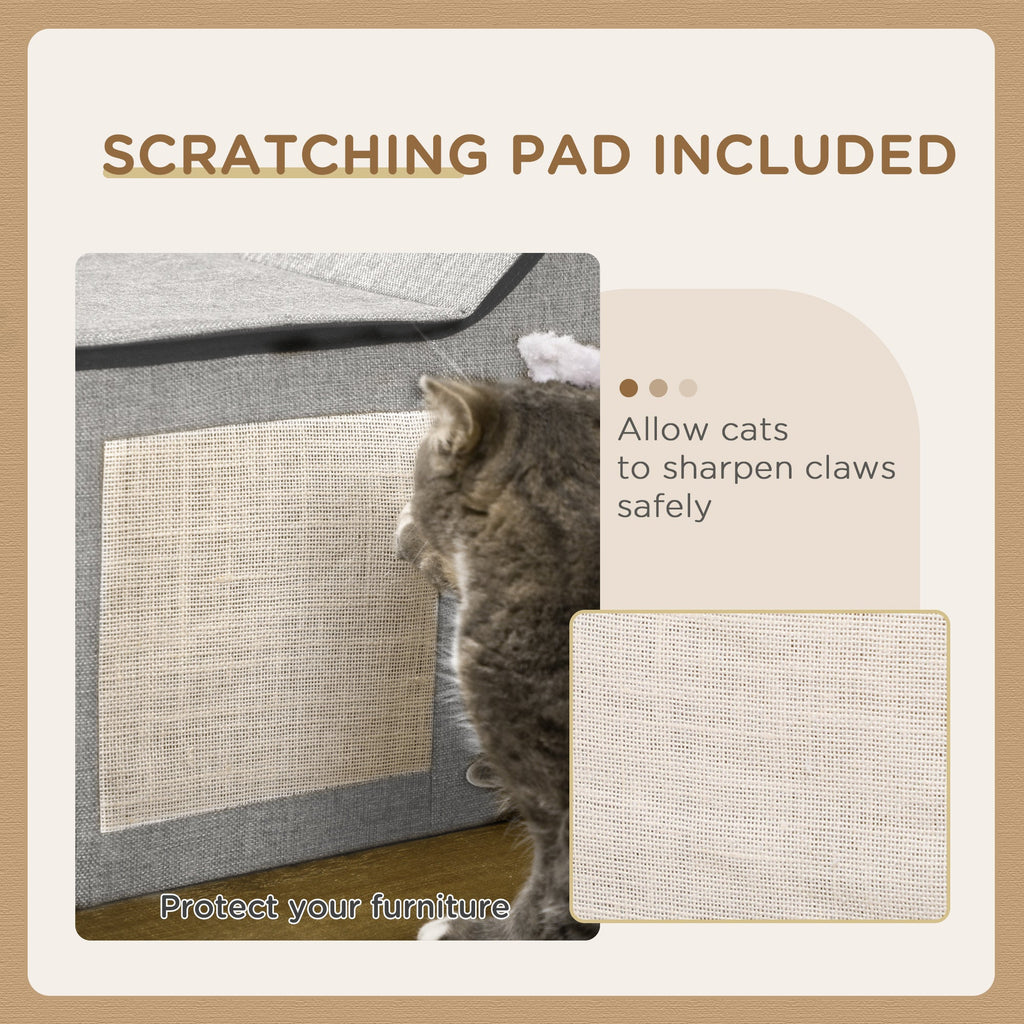 Large Cat Bed for Indoor, Cat House Hideaway with Soft Cushion, Scratching Pad, Dangling Ball, Dual Entrances, Grey