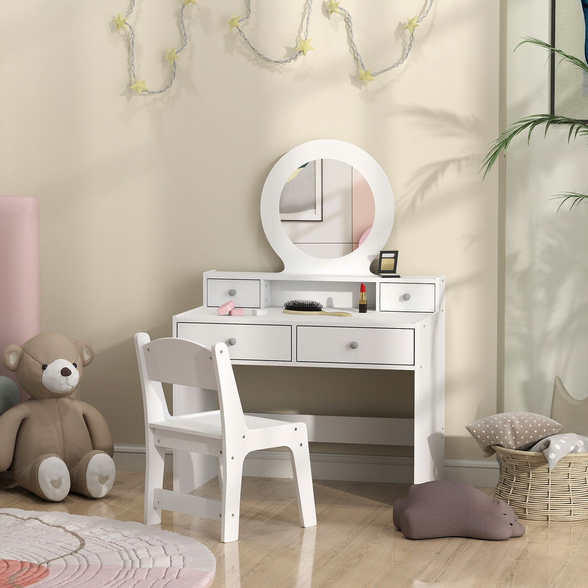 Kids Vanity Set, Children Makeup Table with Mirror, Stool and Storage Drawers, for Ages 3-8, Pink