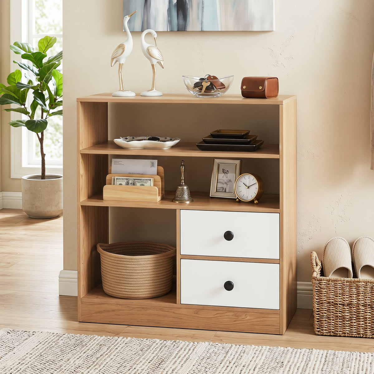 Open Storage Cabinet with 3 Open Compartments and 2 Drawer-Natural