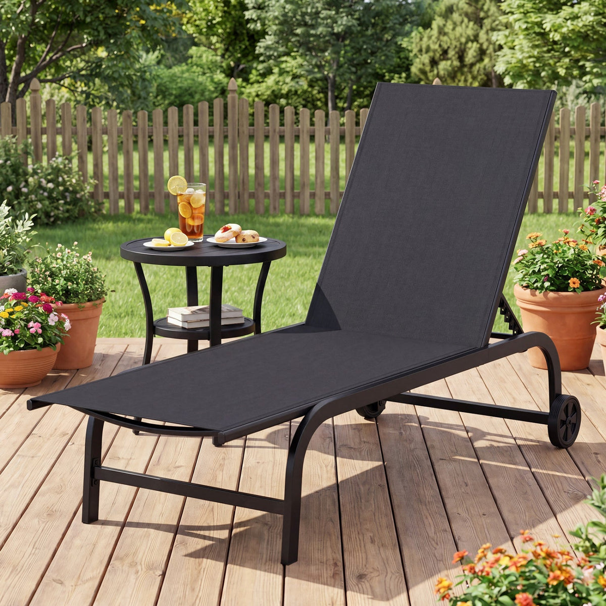 Sling Chaise Lounge on Wheels with Six Backrest Angles to 180 Degrees, Black