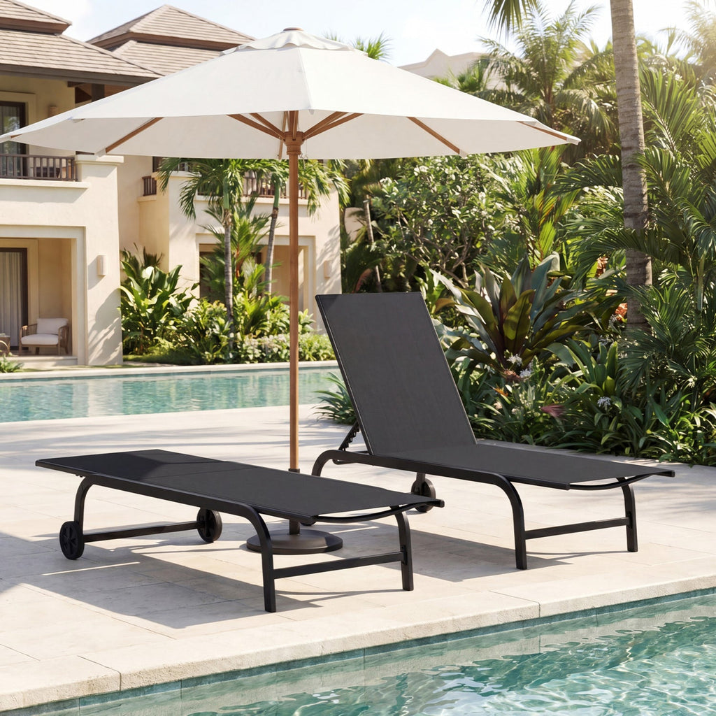 Sling Chaise Lounge on Wheels with Six Backrest Angles to 180 Degrees, Black