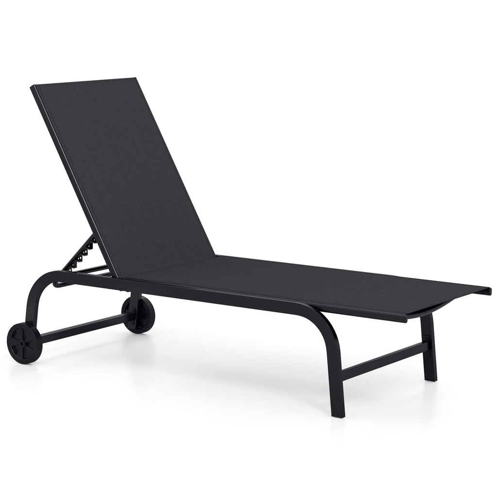 Sling Chaise Lounge on Wheels with Six Backrest Angles to 180 Degrees, Black