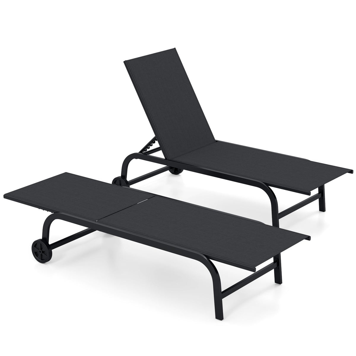 Sling Chaise Lounge on Wheels with Six Backrest Angles to 180 Degrees, Black