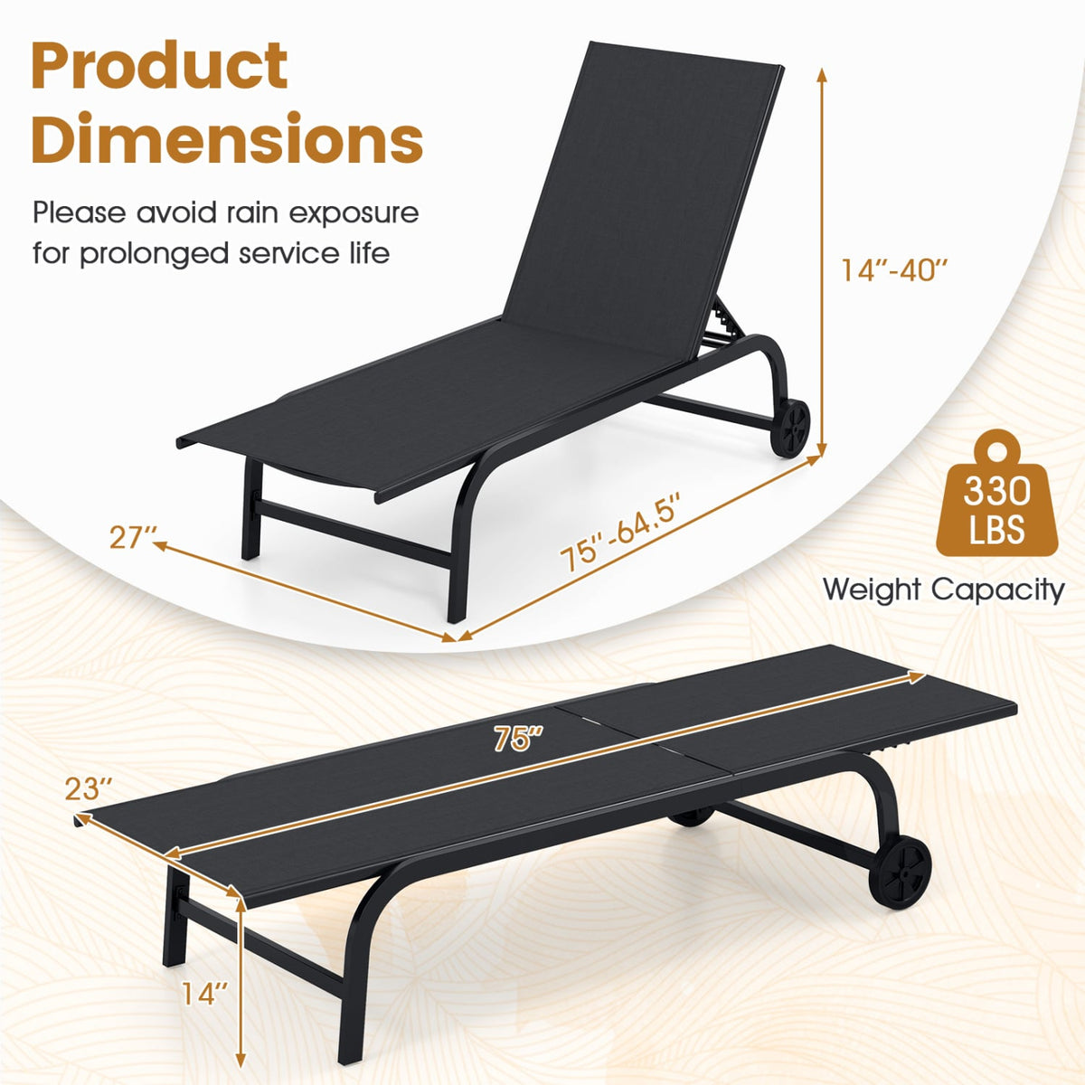 Sling Chaise Lounge on Wheels with Six Backrest Angles to 180 Degrees, Black