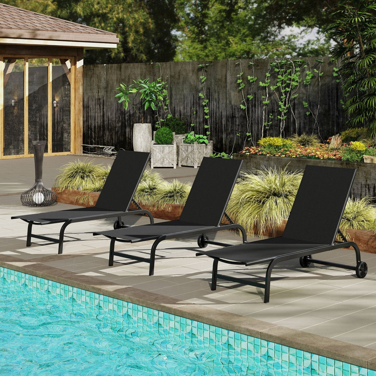 Sling Chaise Lounge on Wheels with Six Backrest Angles to 180 Degrees, Black