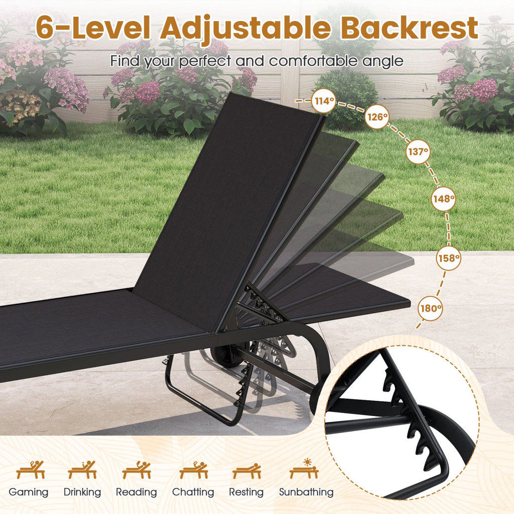 Sling Chaise Lounge on Wheels with Six Backrest Angles to 180 Degrees, Black