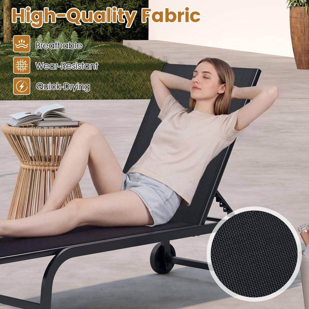 Sling Chaise Lounge on Wheels with Six Backrest Angles to 180 Degrees, Black