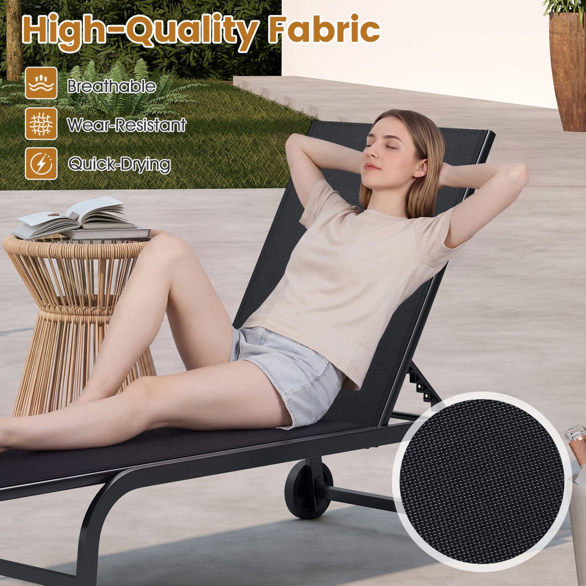 Sling Chaise Lounge on Wheels with Six Backrest Angles to 180 Degrees, Black