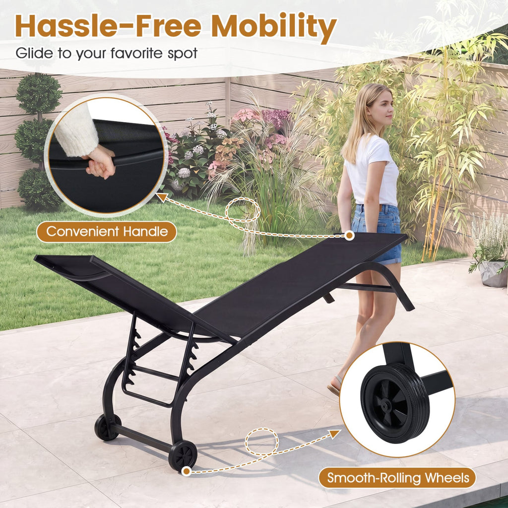 Sling Chaise Lounge on Wheels with Six Backrest Angles to 180 Degrees, Black