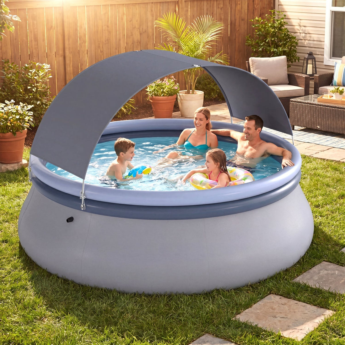 Outdoor Inflatable Pool with Sunshade Canopy-M