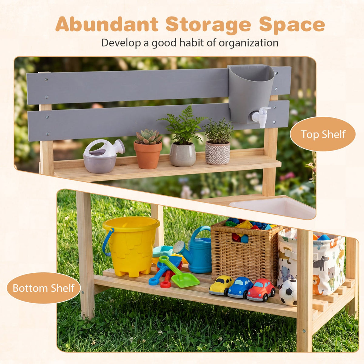 Outdoor Kids Mud Kitchen with Extended Tabletop and Water Tank-Natural
