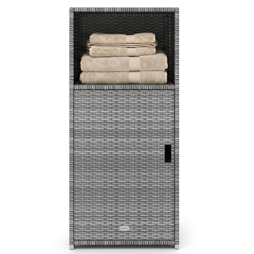 Outdoor PE Wicker Storage Cabinet with Door and Open Compartment for Patio-Gray