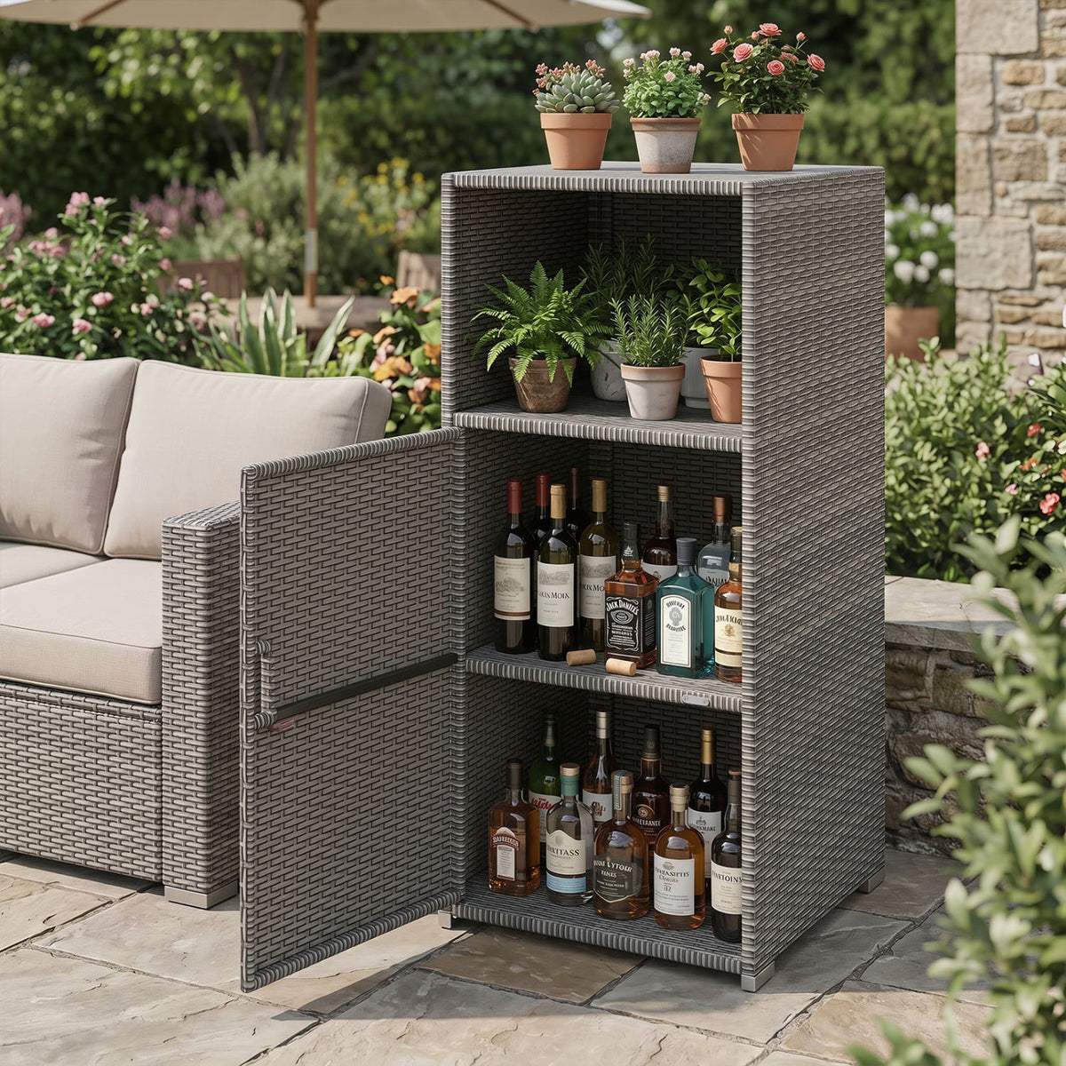 Outdoor PE Wicker Storage Cabinet with Door and Open Compartment for Patio-Gray