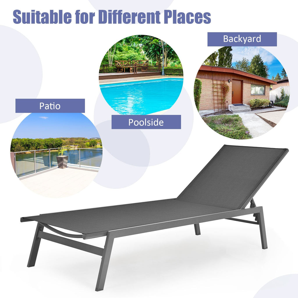 Sling Chaise Lounge Chair with 6 Adjustable Backrest Positions, Gray