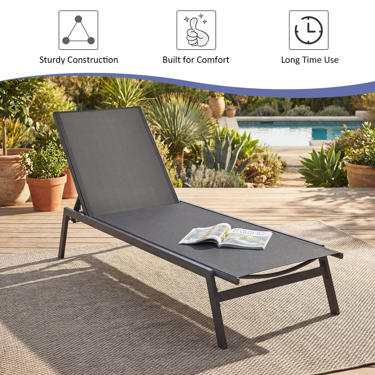 Sling Chaise Lounge Chair with 6 Adjustable Backrest Positions, Gray