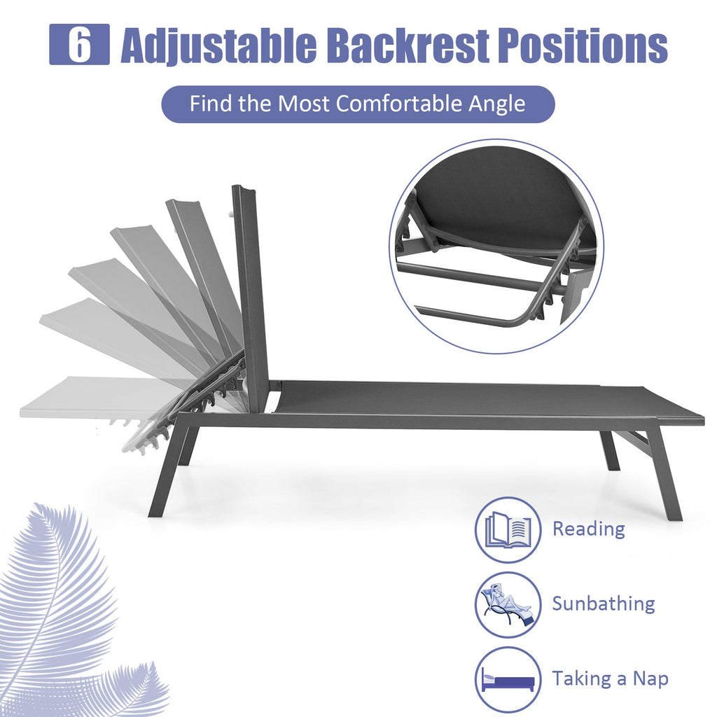 Sling Chaise Lounge Chair with 6 Adjustable Backrest Positions, Gray