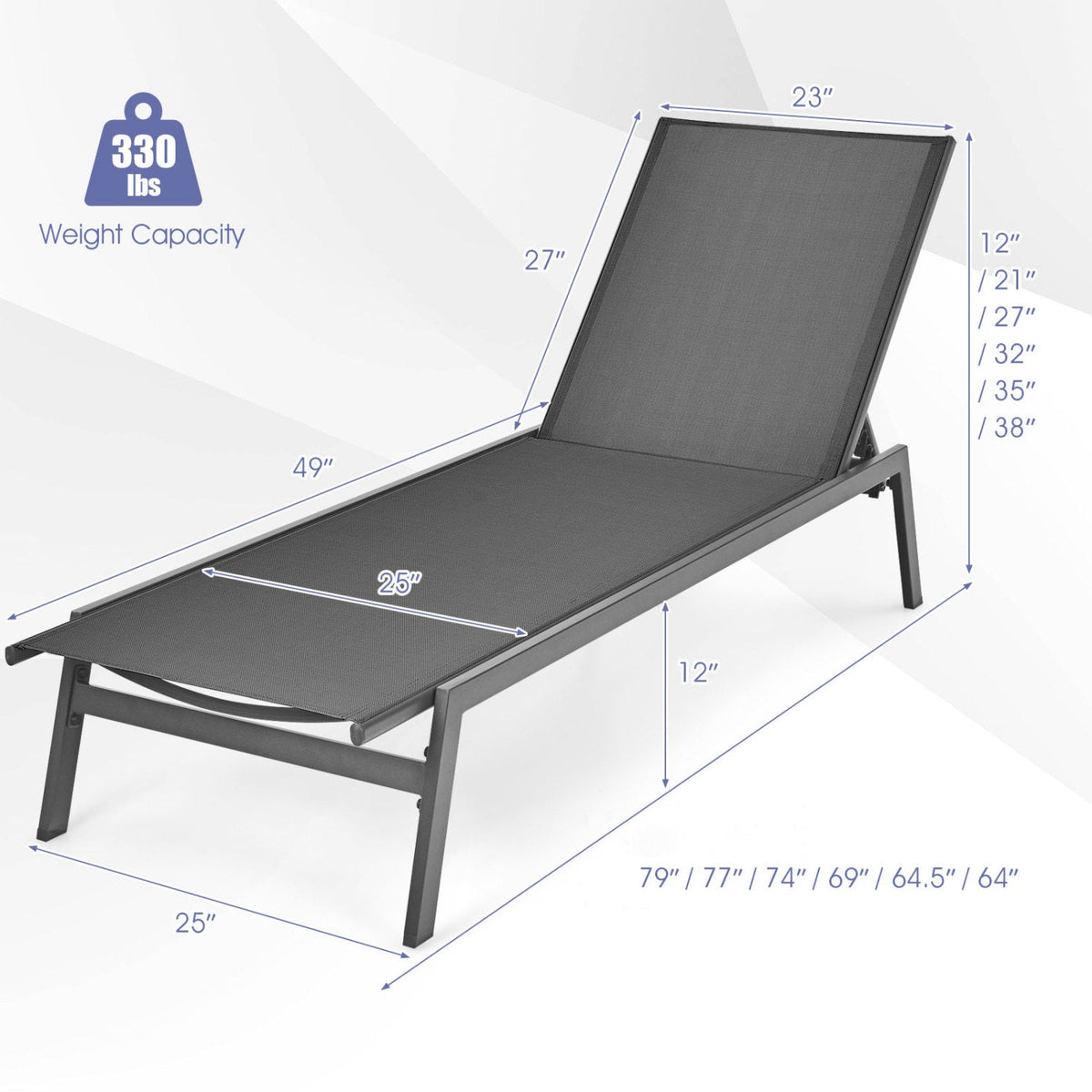 Sling Chaise Lounge Chair with 6 Adjustable Backrest Positions, Gray
