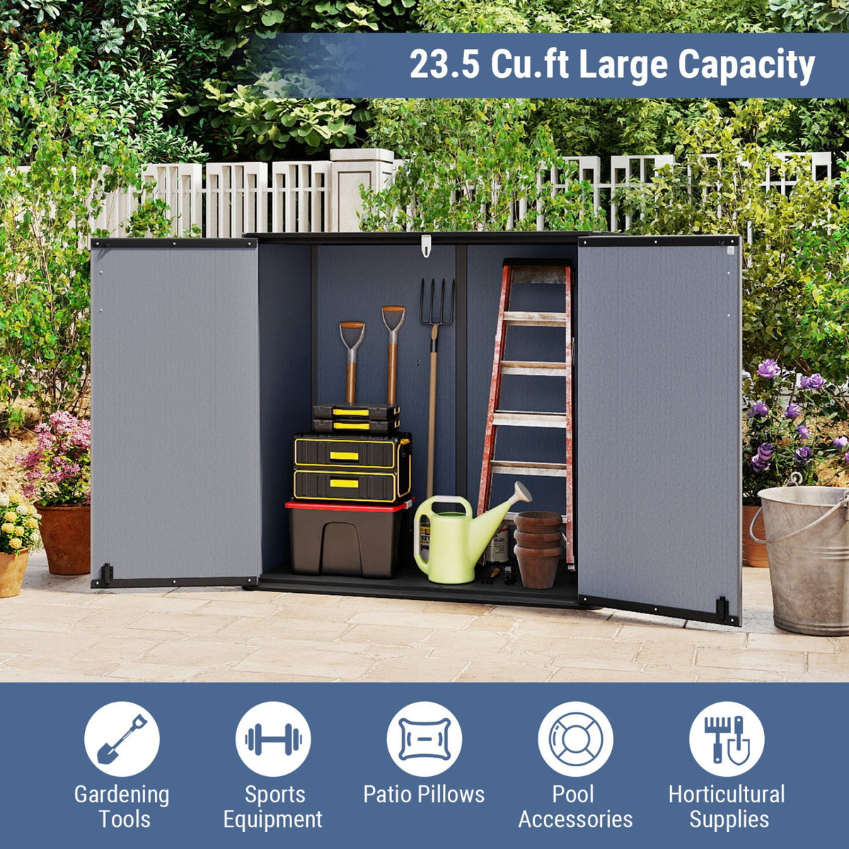 Outdoor Storage Shed 23.5 Cu.ft All-Weather Storage Box with Floor Lockable Door-Gray