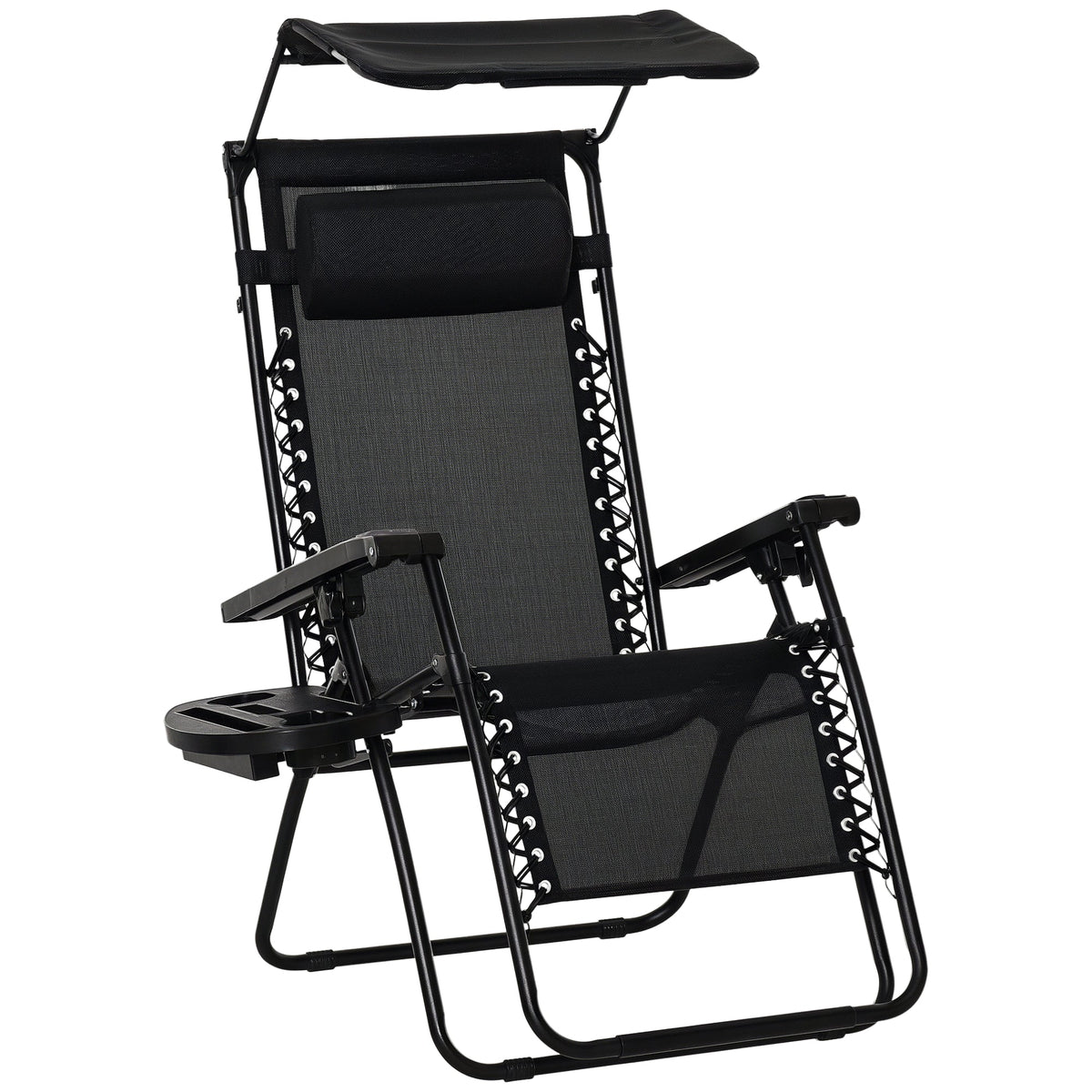 2 Piece Foldable Lounge Chair with Canopy Shade, Outdoor Zero Gravity Chair w/ Side Tray & Cup Holder, Reclining Lounger w/ Breathable Mesh Fabric Seat, Pillow, Sky Blue